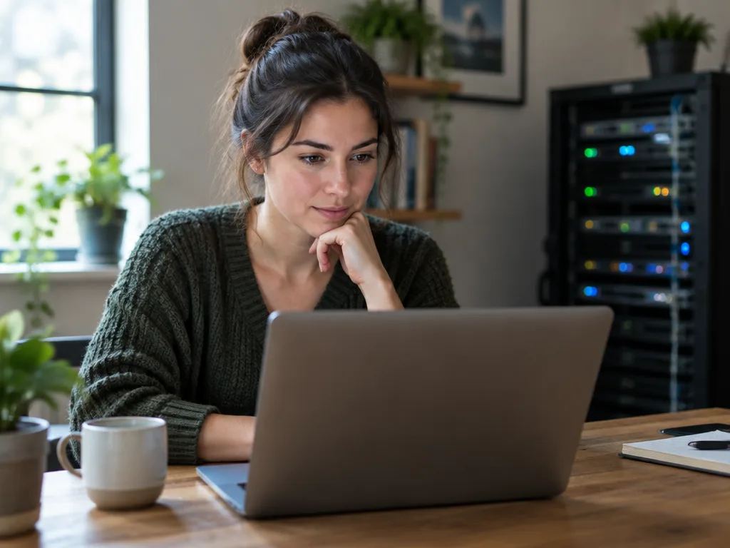 Småföretagare vid en laptop med ett serverskåp med blinkande lampor i bakgrunden